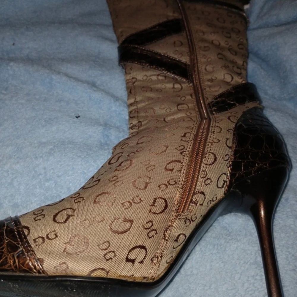 Designer-Inspired Brown Monogram High-Heel Knee Boot with Side Zip